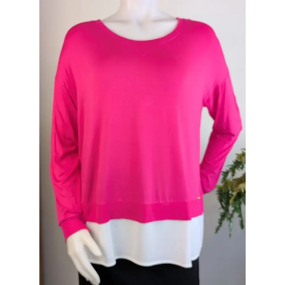 Calvin Klein Tunic Top Medium Hot Pink White Colorblock Layered Flowy NEW - Picture 2 of 9